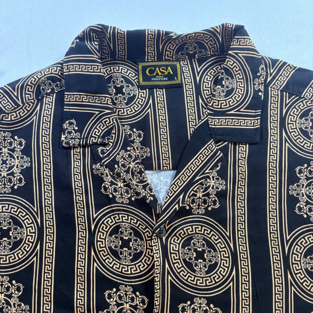 Casa Moda Couture Baroque Shirt Men Large Black Gold Greek Key Rayon Button Down